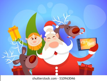 Santa Claus With Reindeer Elfs Making Selfie Photo, New Year Christmas Holiday Greeting Card Flat Vector Illustration