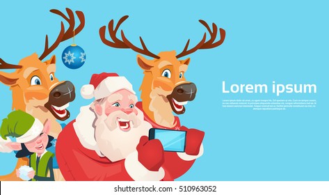 Santa Claus With Reindeer Elfs Making Selfie Photo, New Year Christmas Holiday Greeting Card Flat Vector Illustration