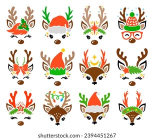 Santa Claus Reindeer face collection. Cute vector characters. Head silhouette with antlers. For cutting, printing on T-shirts, mugs. Christmas illustrations. Isolated on white background.