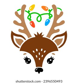 Santa Claus Reindeer face with garland. Cute vector deer head silhouette with antlers. Template for cutting, printing on T-shirts, mugs. Christmas illustration. Isolated on white background.