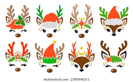 Santa Claus Reindeer faces set. Cute vector deer head silhouette with antlers. Templates for cutting, printing on T-shirts, mugs. Christmas illustration. Isolated on white background.