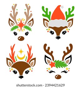 Santa Claus Reindeer faces set. Cute vector deer head silhouette with antlers. Templates for cutting, printing on T-shirts, mugs. Christmas illustration. Isolated on white background.