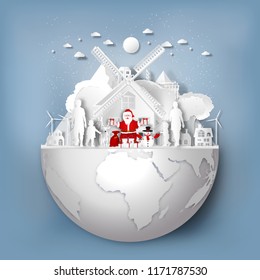 Santa Claus and Reindeer with family party in the merry christmas night as holiday and x'mas day concept. vector illustration.