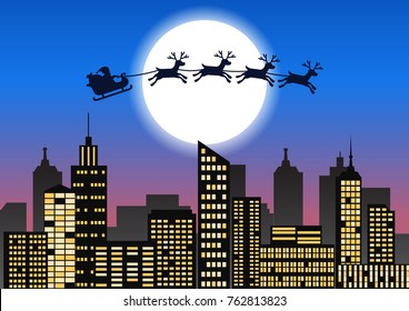 Santa Claus and reindeer fly over the city to send gift to people,lots of skyscraper and light form window