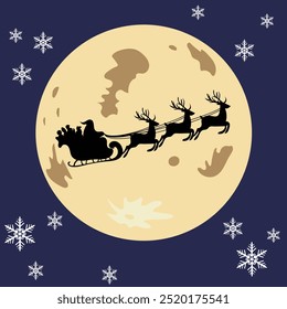 Santa Claus and reindeer flying in the full moon night sky