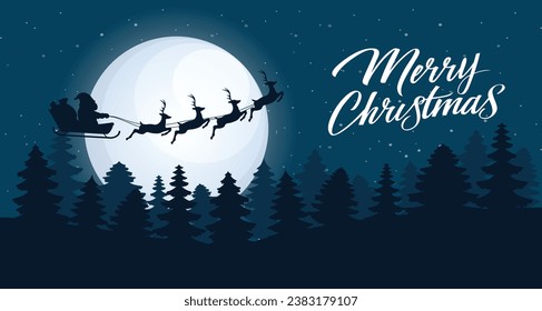 Santa Claus and reindeer flying on sky night full moon. Merry Christmas banner. Holiday background. Vector stock
