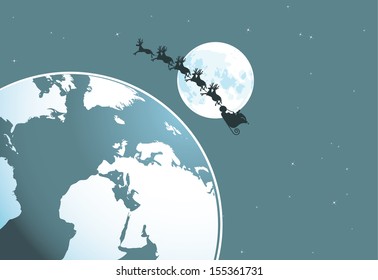 Santa Claus And Reindeer Flying Over Soft Blue Earth. Portions Of This Image Supplied By NASA. EPS 10 Vector, Grouped For Easy Editing. No Open Shapes Or Paths.