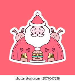 Santa Claus and reindeer with french fries and burger illustration. Vector graphics for t-shirt prints and other uses.