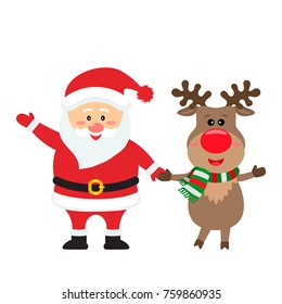 santa claus and reindeer are friends. flat vector illustration isolated on white background