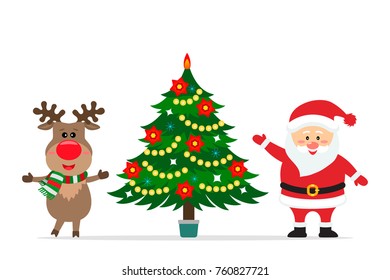 Santa Claus and reindeer are friends near the Christmas tree. flat vector illustration isolated on white background
