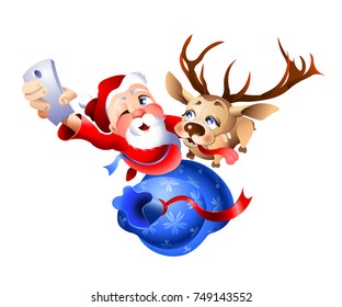 Santa Claus and the reindeer getting ready for Christmas. Illustration isolated on white background.