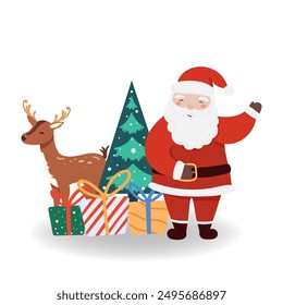 Santa Claus with Reindeer and gift in flat style, isolated for holiday designs banner, cover, advertisement, greeting card. Vector illustration of Christmas. Concept of Christmas and New Year
