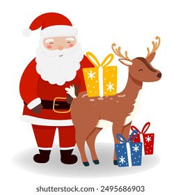 Santa Claus with Reindeer and gift in flat style, isolated for holiday designs banner, cover, advertisement, greeting card. Vector illustration of Christmas. Concept of Christmas and New Year