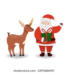 Santa Claus con reno y regalo en estilo plano, aislado para diseños de vacaciones Anuncio, cubierta, publicidad, tarjeta de felicitación. Ilustración vectorial de Navidades. Concepto de Navidades y Nuevo año