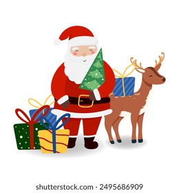 Santa Claus with Reindeer and gift in flat style, isolated for holiday designs banner, cover, advertisement, greeting card. Vector illustration of Christmas. Concept of Christmas and New Year