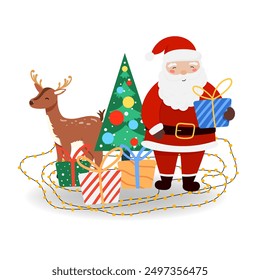 Santa Claus with Reindeer and gift in flat style, isolated for holiday designs banner, cover, advertisement, greeting card. Vector illustration of Christmas. Concept of Christmas and New Year