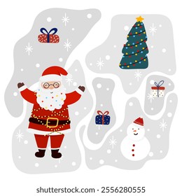 Santa Claus with Reindeer and gift in flat style, for holiday designs banner, cover, advertisement, greeting card. Vector illustration map of Christmas. Concept of Christmas and New Year