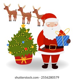 Santa Claus with Reindeer and gift in flat style, isolated for holiday designs banner, cover, advertisement, greeting card. Vector illustration of Christmas. Concept of Christmas and New Year