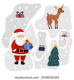 Santa Claus with Reindeer and gift in flat style, for holiday designs banner, cover, advertisement, greeting card. Vector illustration map of Christmas. Concept of Christmas and New Year