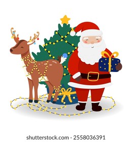 Santa Claus with Reindeer and gift in flat style, isolated for holiday designs banner, cover, advertisement, greeting card. Vector illustration of Christmas. Concept of Christmas and New Year