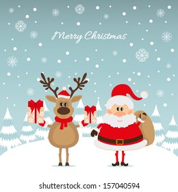 Santa Claus and reindeer with gifts The Christmas card