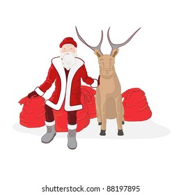 Santa Claus with reindeer and gifts. Holiday card for the new year.
