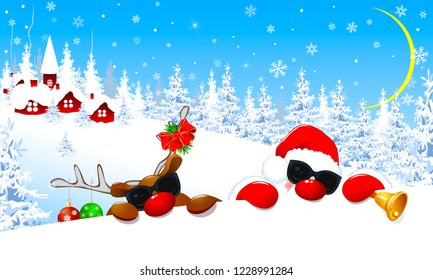 Santa Claus and reindeer in the glasses.The deer is decorated with Christmas balls and a red bow. Santa and deer on background village and winter forest. Santa and a deer with red noses.

           