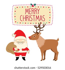 Santa Claus and reindeer greeting card with Christmas elements on isolated white background