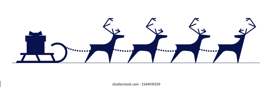 Santa Claus reindeer harness with gift box on sleigh isolated on white background. Merry Christmas and Happy New Year greeting card. Xmas deer and sled silhouette vector Illustration