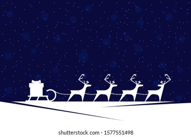 Santa Claus reindeer harness with gift box on sleigh inversion on blue background. Merry Christmas and Happy New Year greeting card design. Xmas deer and sled silhouette vector Illustration