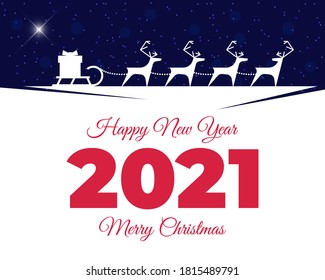 Santa Claus reindeer harness with gift box on sleigh greeting card. Merry Christmas and Happy New Year 2021 lettering with shining bethlehem star calendar cover. Xmas magic night vector Illustration