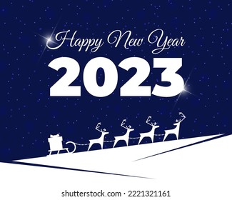 Santa Claus reindeer harness with gift box on sleigh inversion on blue background. Merry Christmas and Happy New Year 2023 greeting card design. Xmas deer and sled silhouette vector eps illustration