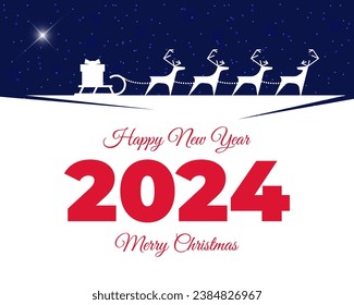 Santa Claus reindeer harness with gift box on sleigh greeting card. Merry Christmas and Happy New Year 2024 lettering with shining bethlehem star calendar cover. Xmas magic night vector Illustration