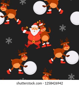 Santa Claus and reindeer having fun winter holidays celebration vector seamless pattern of character taking pictures on mobile phone cell phone of Father Frost deer with snowball laughing with man.