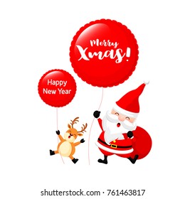 Santa Claus and reindeer holding balloon. Merry Christmas and happy new year concept. Illustration isolated on white background.