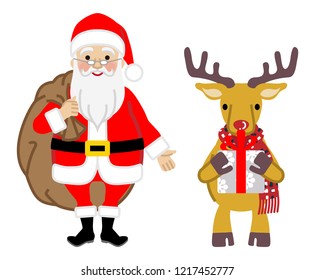 Santa Claus and Reindeer holding the christmas present