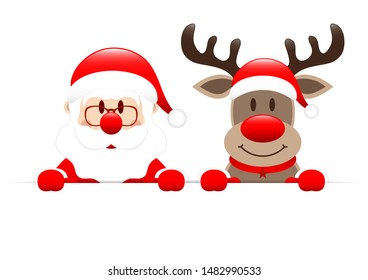 Santa Claus And Reindeer Holding Horizontal Banner