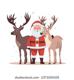 Santa claus with reindeer isolated on white background. Merry Christmas holiday cartoon character. Vector stock