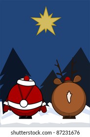 Santa Claus and reindeer look at a star