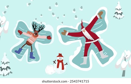 Santa Claus and Reindeer make angels in snow vector illustration   hand drawn art, snowman, christmas tree.