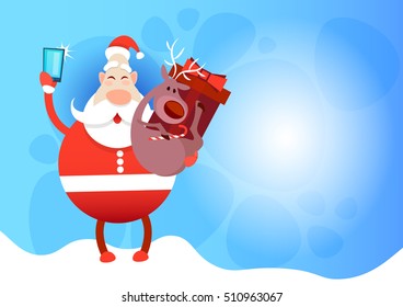 Santa Claus With Reindeer Making Selfie Photo, New Year Christmas Holiday Greeting Card Flat Vector Illustration