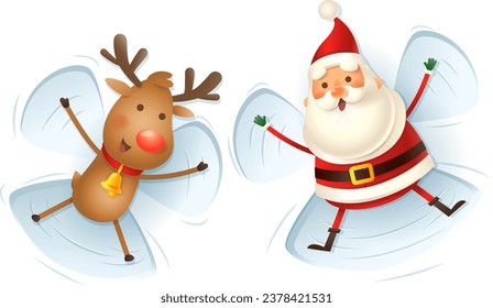 Santa Claus and Reindeer making Snow Angels - vector illustration isolated od transparent background