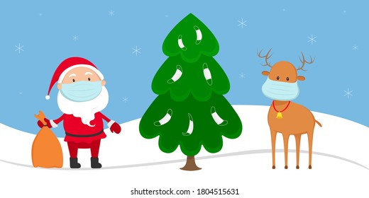 Santa Claus and reindeer in medical masks stand near Christmas tree. Vector illustration.