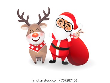 Santa Claus and Reindeer. Merry Christmas. Vector illustration.