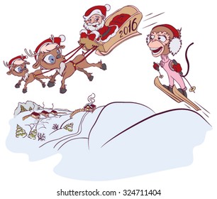 Santa Claus and reindeer met monkey symbol 2016. Illustration