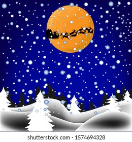 Santa claus and reindeer in the night moon over night pine forest landscape among snow falling for Christmas Theme