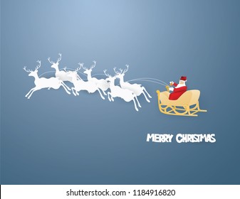 Santa Claus and reindeer on blue background in winter season ,MERRY CHRISTMAS concept.vector and illustration craft style