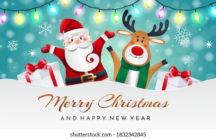 Santa Claus and reindeer on a blue background with gifts and garland. Greeting Christmas card.