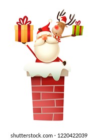 Santa Claus and Reindeer on the chimney with gifts vector illustration isolated on white background