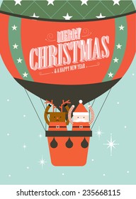 santa claus and reindeer on hot air balloon christmas greeting template vector/illustration